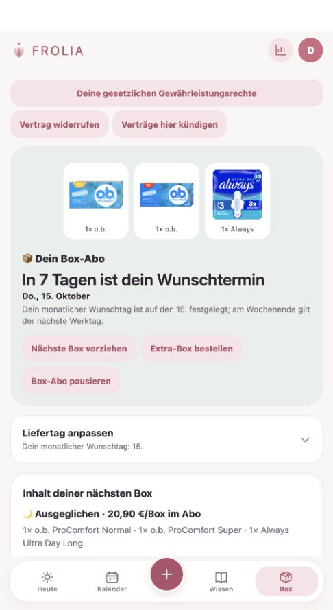 Aktuelle App-Vorschau: Box-Abo mit festem monatlichen Wunschtermin