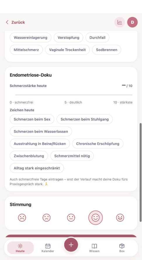 Aktuelle App-Vorschau: Endometriose-Dokumentation mit Schmerzskala und Symptomen für das Praxisgespräch