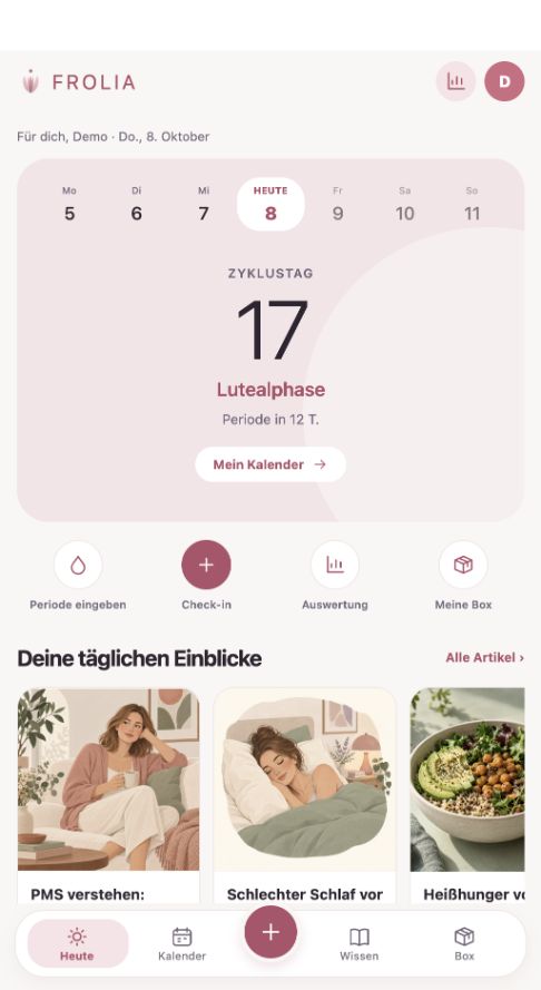 FROLIA Heute-Ansicht im neuen Design: Wochenübersicht, Zyklustag und tägliche Einblicke