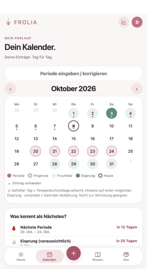 Aktuelle App-Vorschau: Kalender mit Prognose und fruchtbarem Fenster