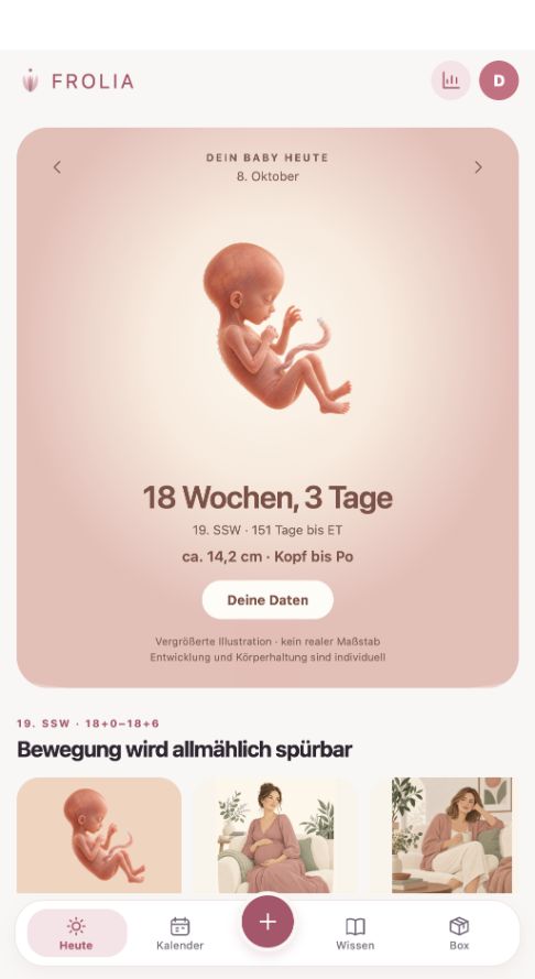 Aktuelle App-Vorschau: Schwangerschaft mit Wochenübersicht und Illustration