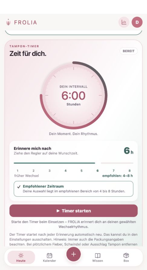 Aktuelle App-Vorschau: Tampon-Timer mit Intervallwahl und Sicherheitshinweisen