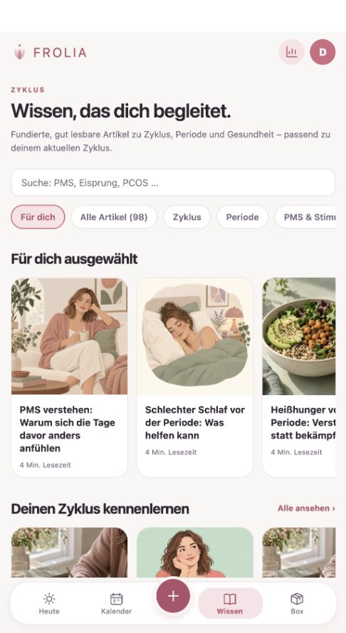 Aktuelle App-Vorschau: Wissens-Bereich mit Magazin und Ratgebern