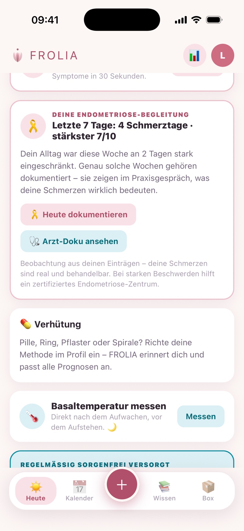 Echter App-Screenshot: Endometriose-Begleitung mit Wochenbilanz – 4 Schmerztage, stärkster 7/10, Arzt-Doku