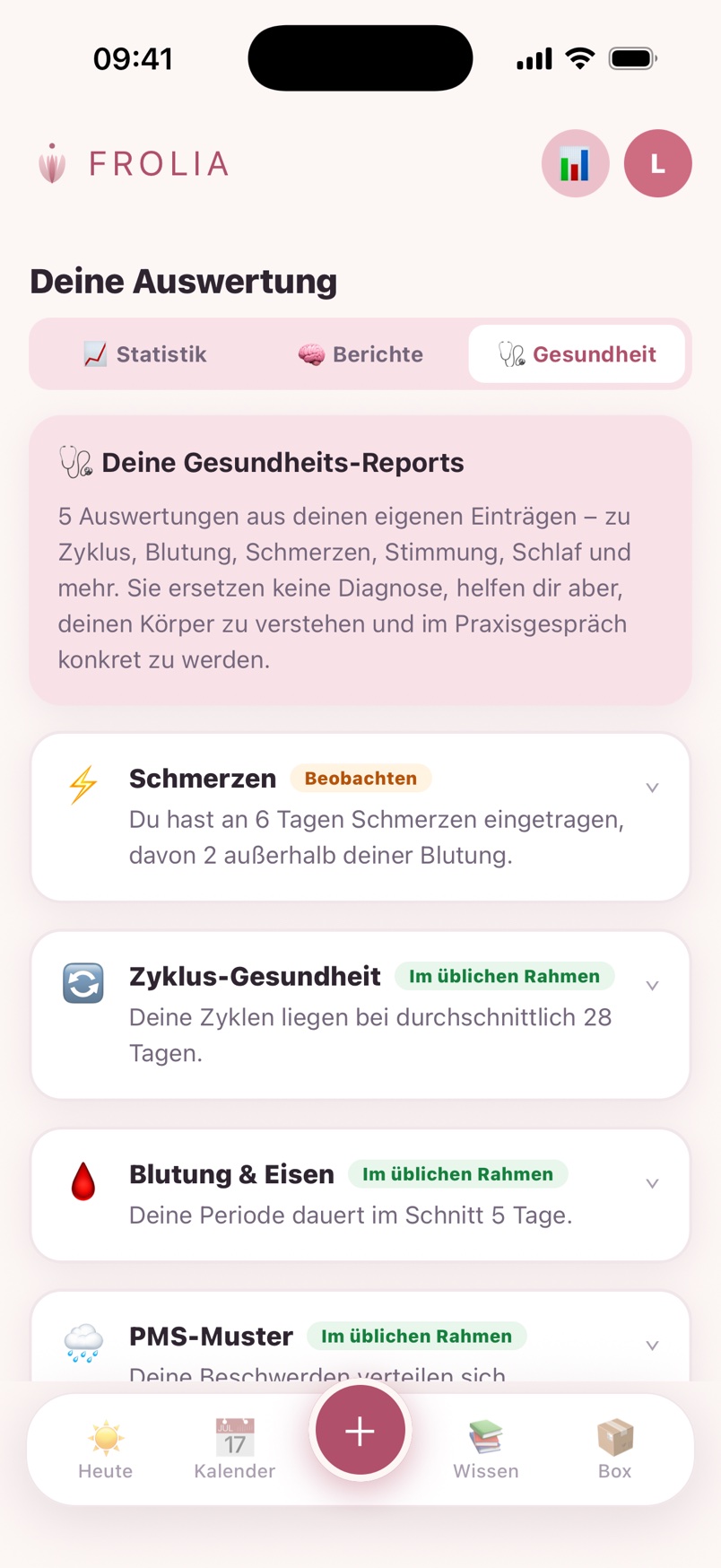Echter App-Screenshot: Gesundheits-Reports fürs Arztgespräch