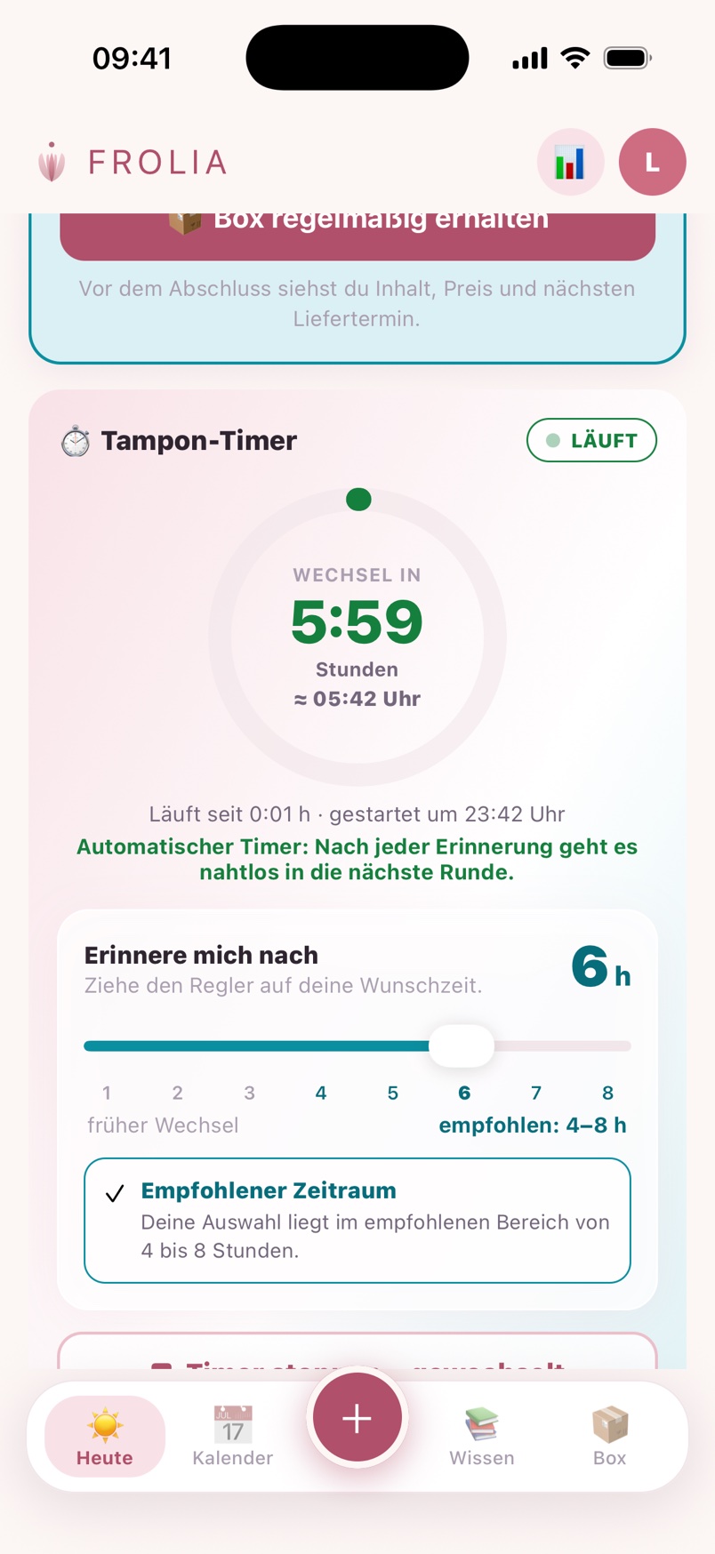 App-Screenshot: laufender Tampon-Timer mit Countdown und Regler (empfohlen 4-8 Stunden)